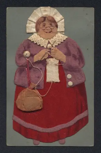Filz-AK Strickende Dame mit Wollknäuel und Tasche