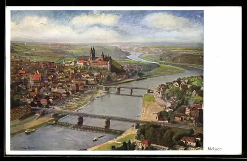 Künstler-AK sign. O. Renatus: Meissen, Ortsansicht mit Albrechtsburg und Elbe