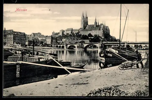 AK Meissen, Albrechtsburg, Dom, Elbbrücke, Schiffe