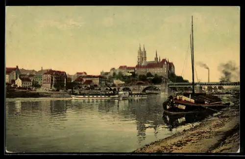 AK Meissen, Albrechtsburg, Dom, Elbe mit Dampfschiffen