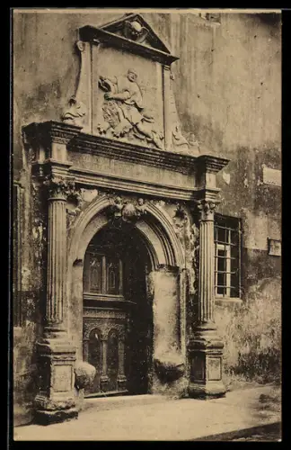 AK Meissen, Altstadt, Tor am Bahrmann`schen Haus mit Relief Simson zerreisst den Löwen
