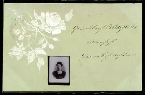 Foto-Collage-AK Portrait einer Dame mit Rose im Passepartout