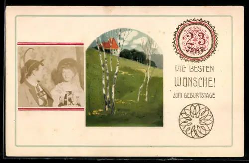 Foto-Collage-AK Portrait eines Paares in Tracht mit idyllischer Ortspartie