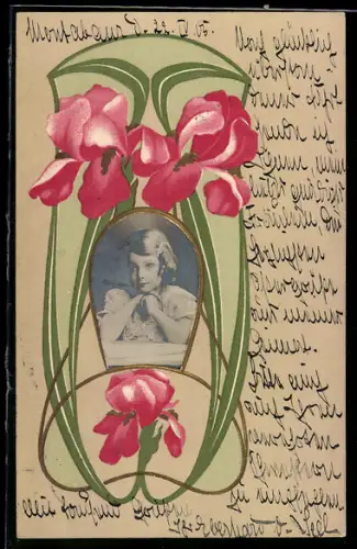 Foto-Collage-AK Portrait eines Kindes mit Blumen im Passepartout