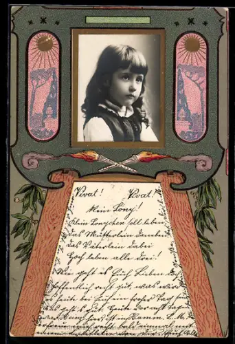 Foto-Collage-AK Portrait eines Kindes mit Fackeln im Passepartout