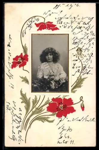 Foto-Collage-AK Portrait einer jungen Frau mit Mohn im Passepartout