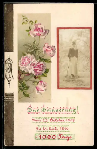 Foto-Collage-AK Dame mit Rosen im Passepartout