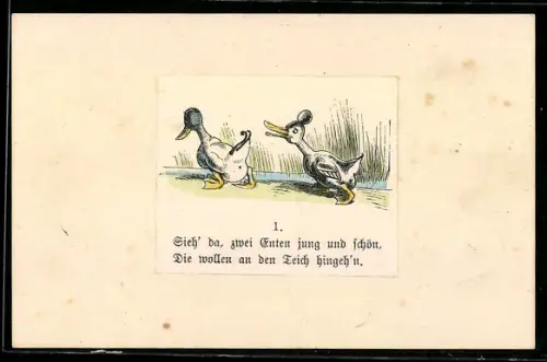 Künstler-AK Wilhelm Busch: Die beiden Enten und der Frosch, Zwei Enten wollen zum Teich