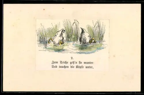 Künstler-AK Wilhelm Busch: Zwei Enten tauchen ihre Köpfe in den Teich