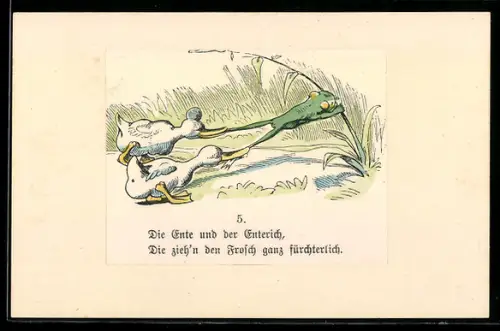 Künstler-AK Wilhelm Busch: Beide Enten ziehen fürchterlich am Frosch