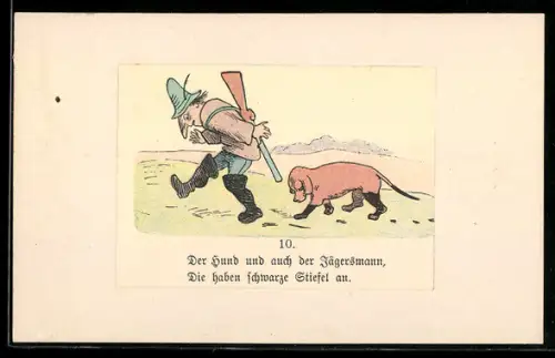 Künstler-AK Wilhelm Busch: Hund und Jäger mit schwarzen Stiefeln