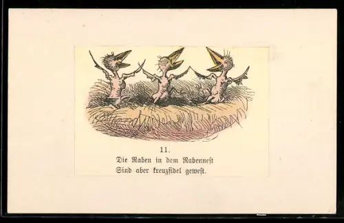 Künstler-AK Wilhelm Busch: Drei Rabenküken in einem Nest