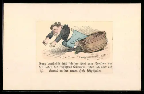 Künstler-AK Wilhelm Busch: Junge steckt mit der Hose fest