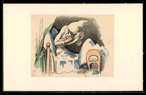 Künstler-AK Wilhelm Busch: Mann sitzt in seinem Bett
