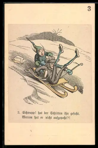 Künstler-AK Wilhelm Busch: Mann stolpert auf den Schlitten von Hans