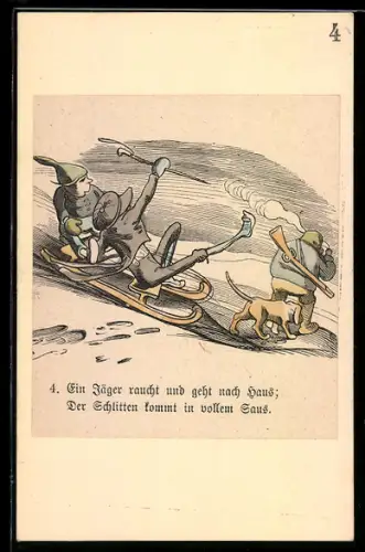 Künstler-AK Wilhelm Busch: Hans und der Mann halten mit dem Schlitten auf einen Jäger zu