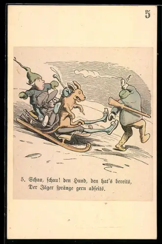 Künstler-AK Wilhelm Busch: Hund ist nun auch mit Hans und dem Mann auf dem Schlitten