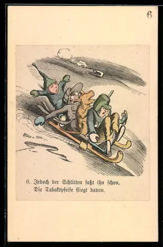 Künstler-AK Wilhelm Busch: Hans, Hund und zwei Männer auf dem Schlitten