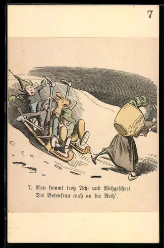 Künstler-AK Wilhelm Busch: Voller Schlitten mit Hans steuert auf eine weitere Person zu