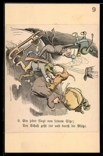 Künstler-AK Wilhelm Busch: Die Passagiere fliegen vom Schlitten