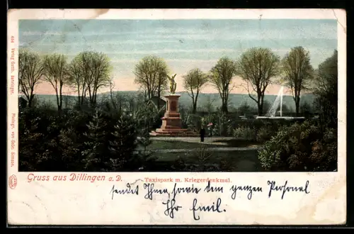 AK Dillingen a. D., Taxispark, Kriegerdenkmal, Springbrunnen
