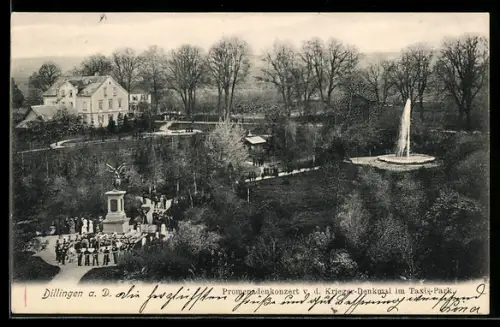 AK Dillingen a. D., Kriegerdenkmal, Taxis-Park, Promenadenkonzert, Brunnen