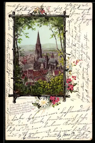 Lithographie Freiburg, Teilansicht mit Kirche, Passepartout
