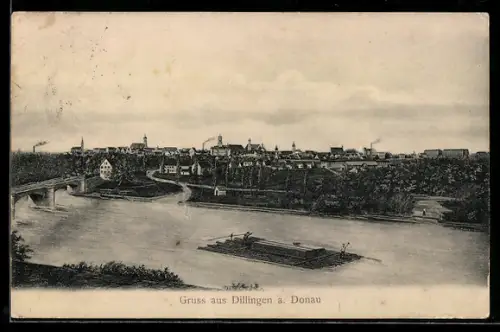 Künstler-AK Dillingen a. Donau, Teilansicht mit Flössern, Forstwirtschaft