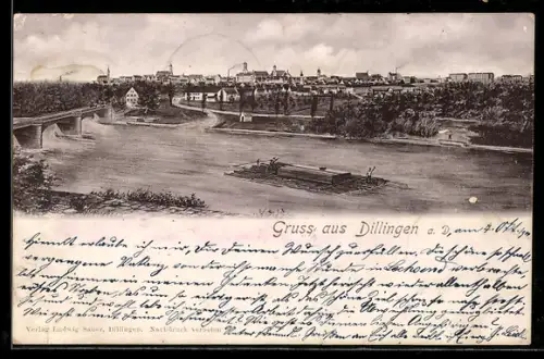 Künstler-AK Dillingen a. Donau, Teilansicht mit Flössern, Forstwirtschaft