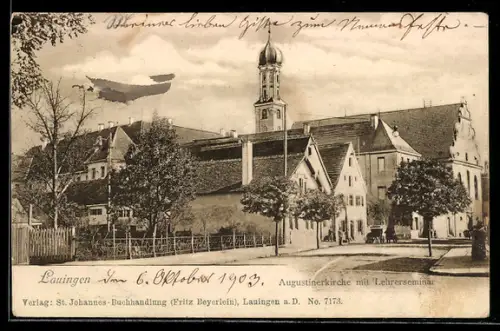 AK Lauingen, Augustinerkirche mit Lehrerseminar und Grünanlagen