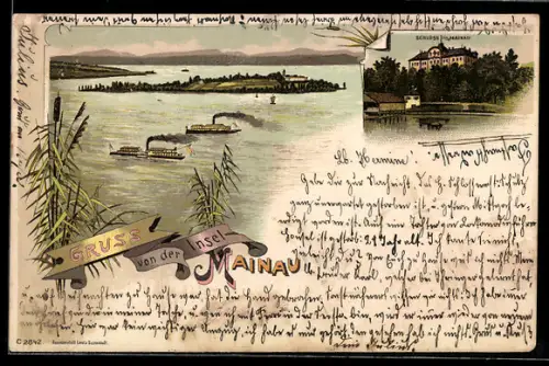 Lithographie Mainau, Dampfschiffe, Schloss Mainau