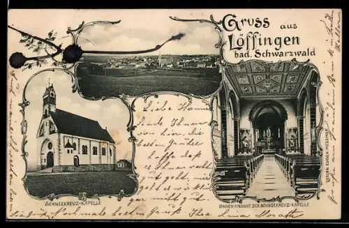 Passepartout-AK Löffingen /Schwarzw., Schneekreuz-Kapelle mit Innenansicht, Gesamtansicht aus der Ferne