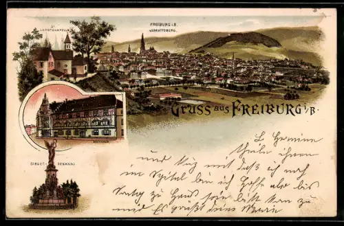 Lithographie Freiburg i. B., Lorettokapelle, Rathaus, Siegerdenkmal, Gesamtansicht m. Lorettoberg