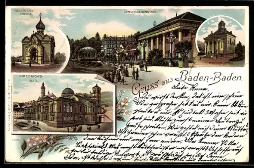 Lithographie Baden-Baden, russische Kirche, Friedrichsbad, Conversationshaus, griechische Kapelle