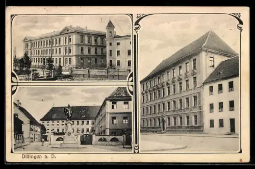 AK Dillingen a. D., Strassenpartie mit Gebäudeansicht, Denkmal, Ortspartie