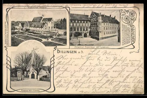 AK Dillingen a. D., Prieser-Seminar mit Lyceum, Kapuziner-Kloster und Kirche, Aussenansichten