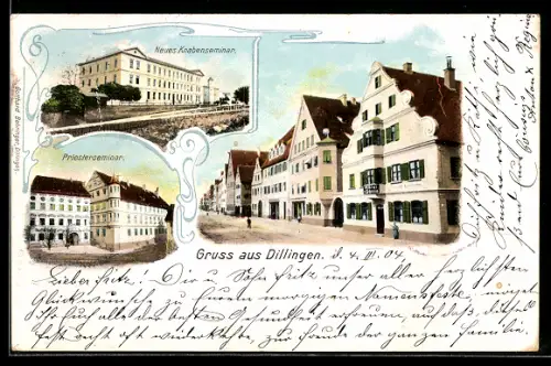 AK Dillingen, Neues Knabenseminar und Priesterseminar, Strassenpartie mit Hotel Sonne