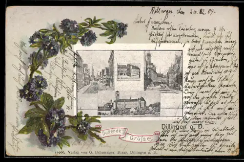 AK Dillingen a. D., Verschiedene Ortspartien mit Blumen im Passepartout