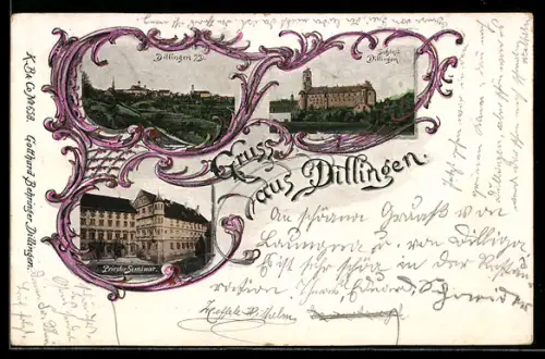 Goldfenster-AK Dillingen, Priester-Seminar, Schloss, Totalansicht