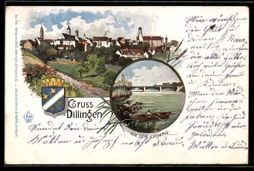 Künstler-AK Dillingen /Donau, Partie an der Donau, Totalansicht