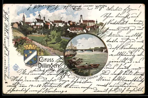 Künstler-AK Dillingen /Donau, Partie an der Donau, Totalansicht