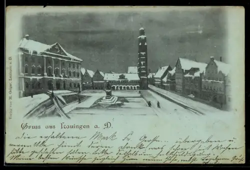 AK Lauingen a. D., Ortspartie mit Platz und Turm