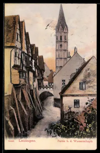 AK Lauingen, Strassenpartie an der Wasserschapfe mit Kirchturm im Hintergrund