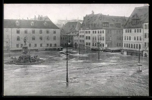 AK Nürnberg, Überschwemmter Hauptmarkt mit Standbild, Hochwasser-Katastrophe 1909