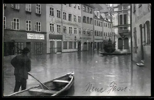 AK Hochwasser Nürnberg am 05. Februar 1909, Neue Gasse mit Grübelsbrunnen