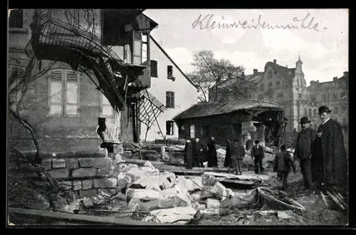 AK Nürnberg, Hochwasser-Katastrophe am 5. Februar 1909, Eingestürzte Häuser in der Kleinweidenmühle