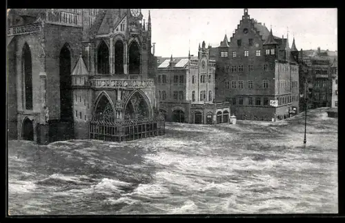 AK Nürnberg, Hochwasser am 5. Februar 1909, Hauptmarkt mit Liebfrauenkirche und Plobenhofstrasse