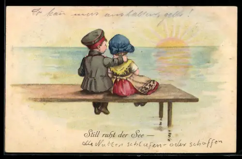AK Kinder Kriegspropaganda, Still ruht der See, Kinder bei Sonnenuntergang am See