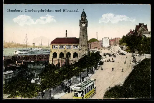 AK Hamburg, Landungsbrücken und Elbtunnel mit Strassenbahn