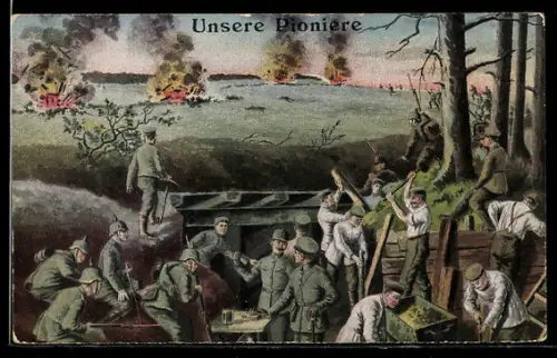 AK Unsere Pioniere, Soldaten bauen einen Schützengraben